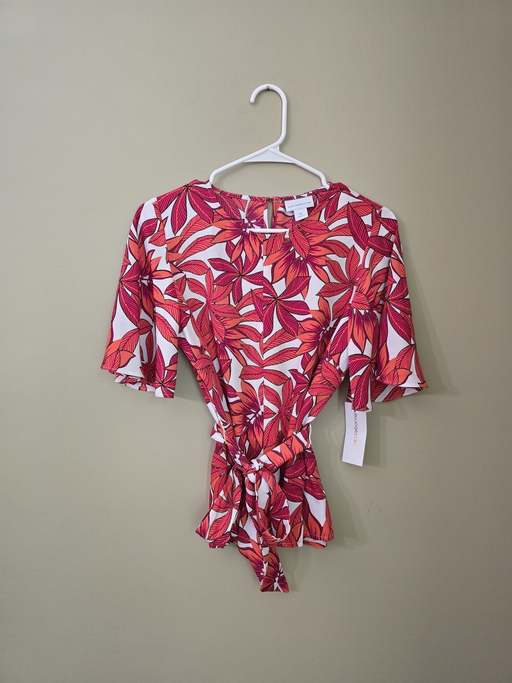 Liz Claiborne Red and Pink Leaf Print Tie-Front Blouse Women Size PS